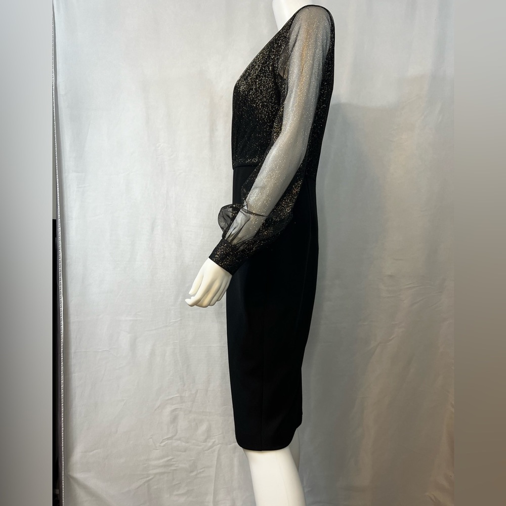 BADGLEY MISCHKA.NWT.Long Sleeve Crepe Sheath dress. Foiled Tulle Mesh Design.4 - Picture 4 of 16